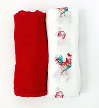 Load image into Gallery viewer, Muslin Baby Blanket Set, Rooster Baby Blanket, Bamboo Blanket, Muslin Swaddle Blanket Set, Unisex Swaddle, Baby Swaddle, Red Swaddle