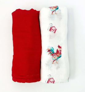 Muslin Baby Blanket Set, Rooster Baby Blanket, Bamboo Blanket, Muslin Swaddle Blanket Set, Unisex Swaddle, Baby Swaddle, Red Swaddle