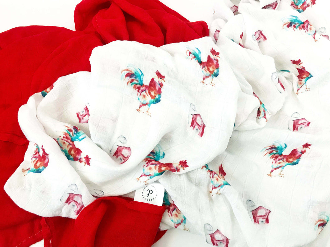 Muslin Baby Blanket Set, Rooster Baby Blanket, Bamboo Blanket, Muslin Swaddle Blanket Set, Unisex Swaddle, Baby Swaddle, Red Swaddle